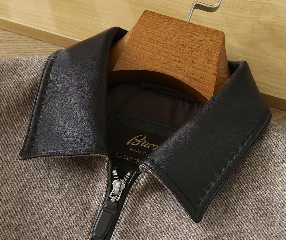 Brioni Leather-Collar Wool Jacket