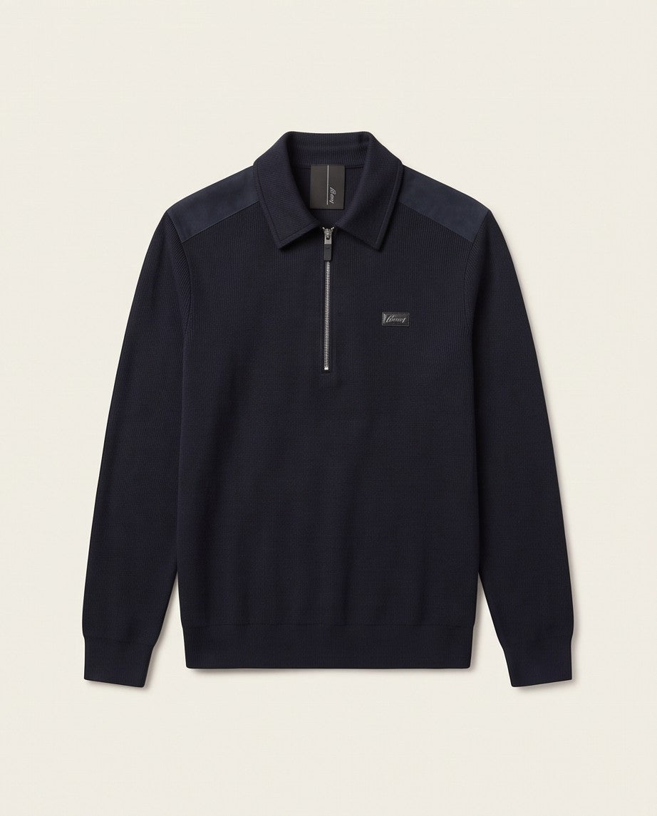 Brioni Double-Face Cotton Zip Polo - Navy