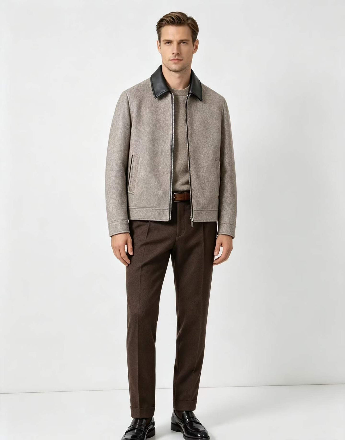 Brioni Leather-Collar Wool Jacket