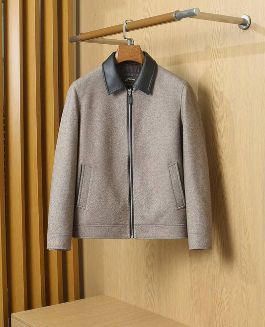 Brioni Leather-Collar Wool Jacket