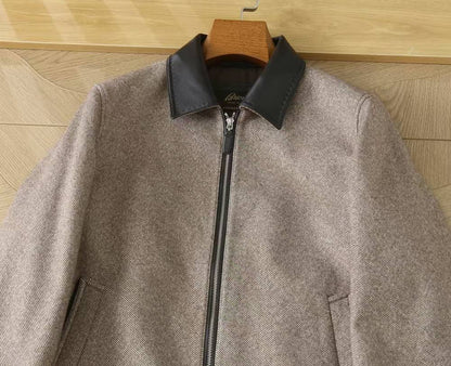 Brioni Leather-Collar Wool Jacket