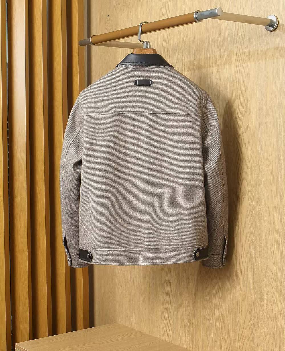 Brioni Leather-Collar Wool Jacket