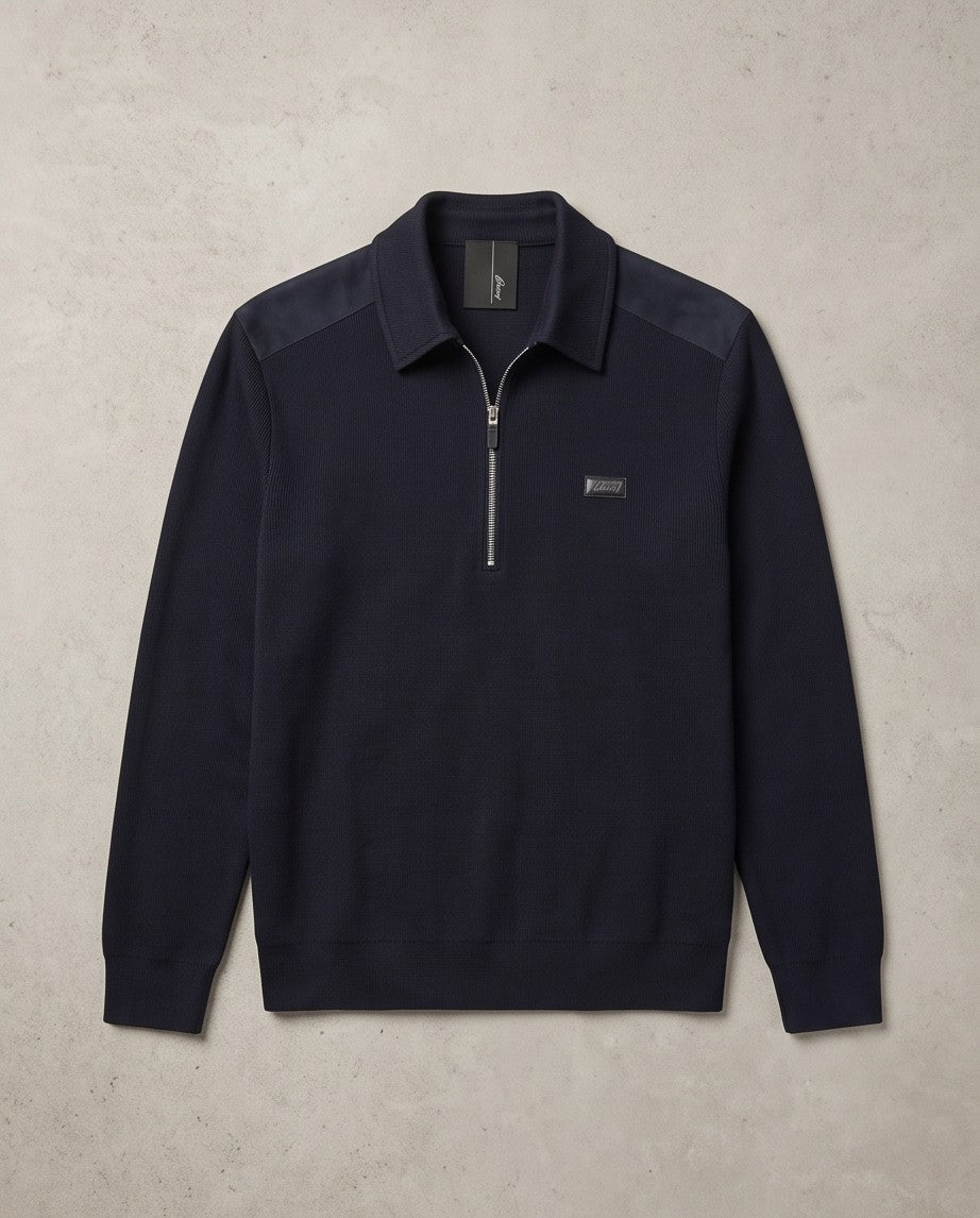 Brioni Double-Face Cotton Zip Polo - Navy