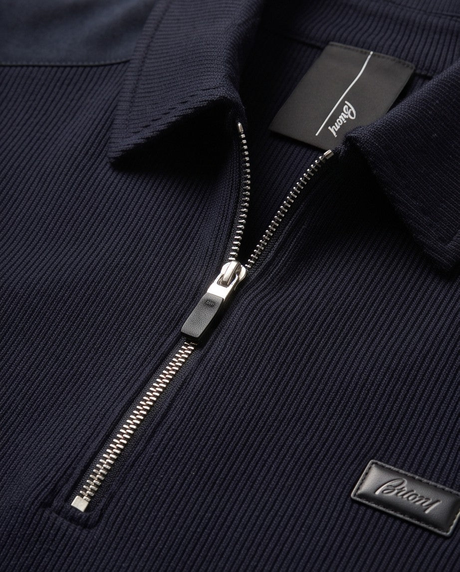 Brioni Double-Face Cotton Zip Polo - Navy