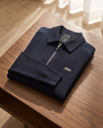 Brioni Double-Face Cotton Zip Polo - Navy