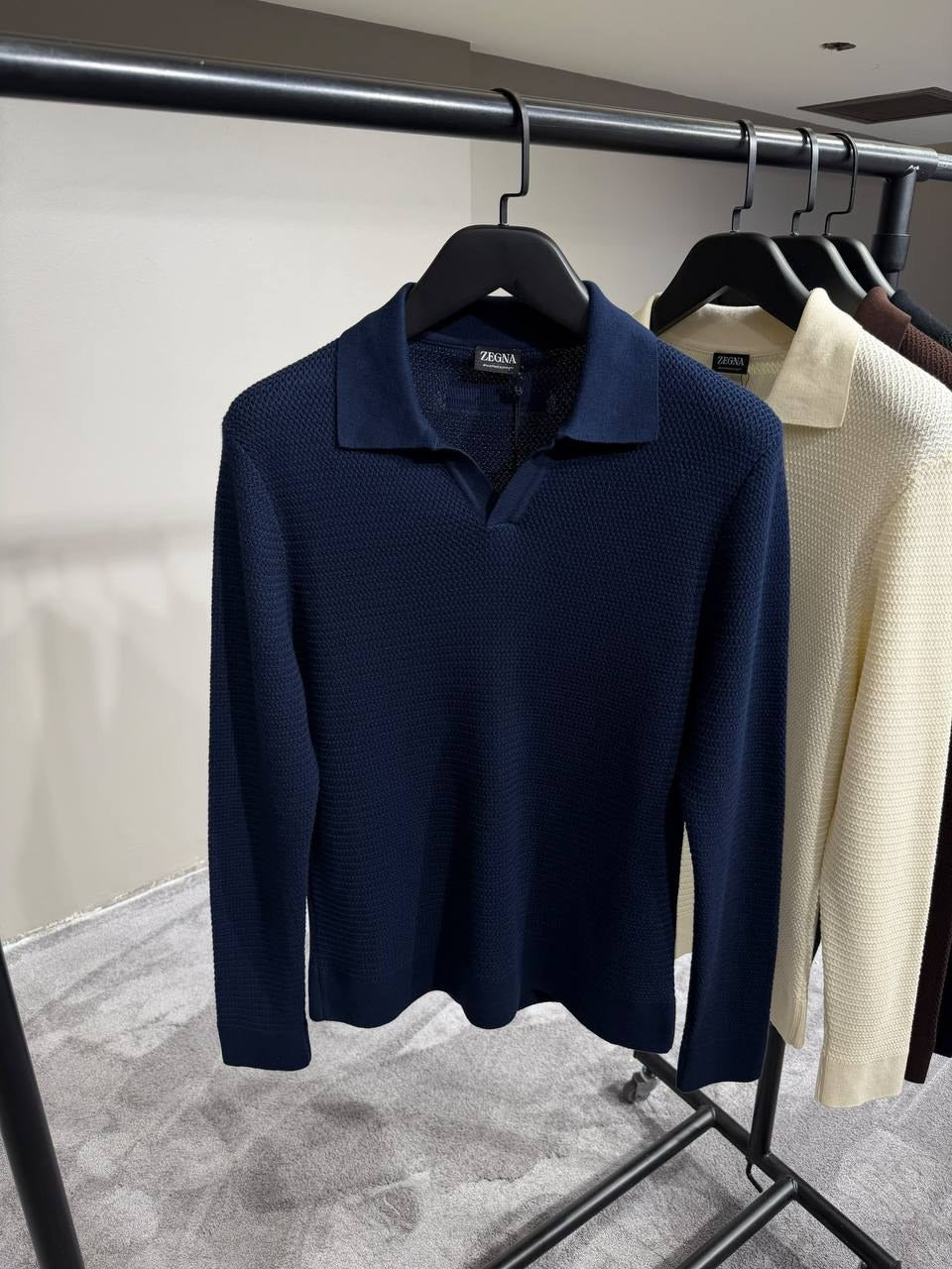 Zegna Waffle-Knit Open-Collar Polo - Navy