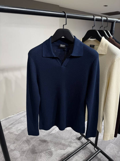 Zegna Waffle-Knit Open-Collar Polo - Navy