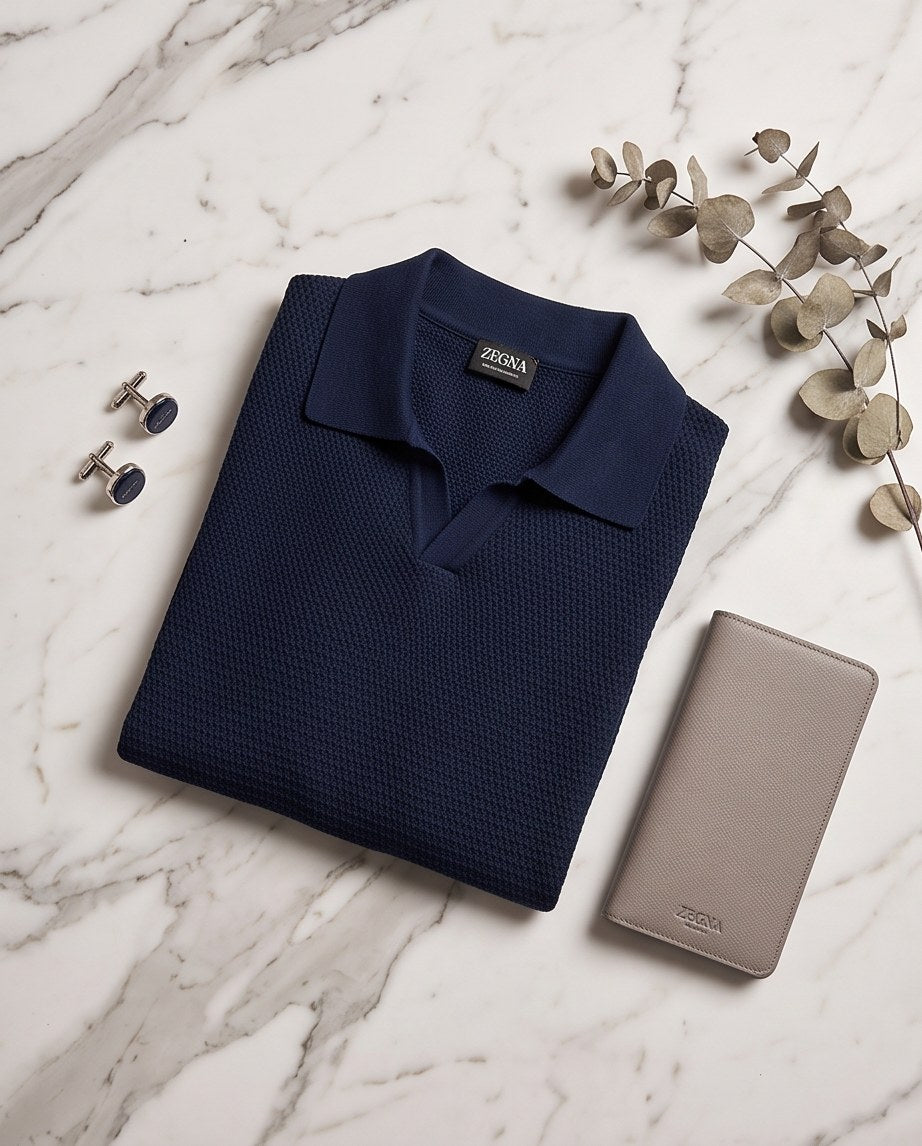 Zegna Waffle-Knit Open-Collar Polo - Navy