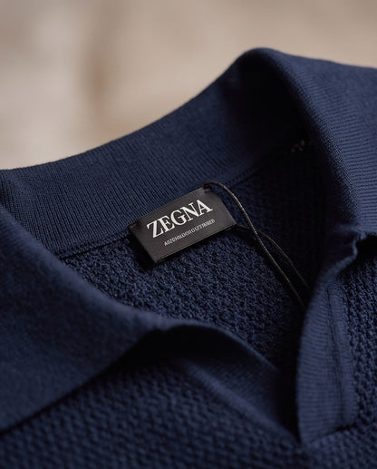 Zegna Waffle-Knit Open-Collar Polo - Navy