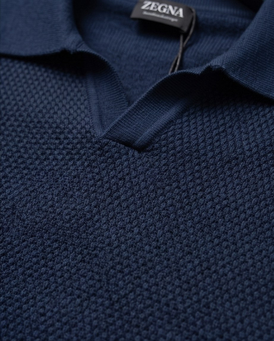 Zegna Waffle-Knit Open-Collar Polo - Navy