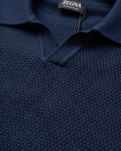 Zegna Waffle-Knit Open-Collar Polo - Navy