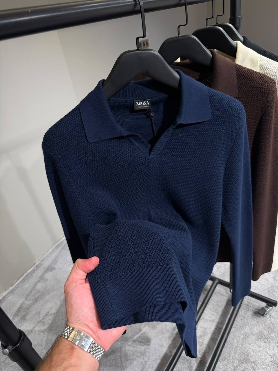Zegna Waffle-Knit Open-Collar Polo - Navy