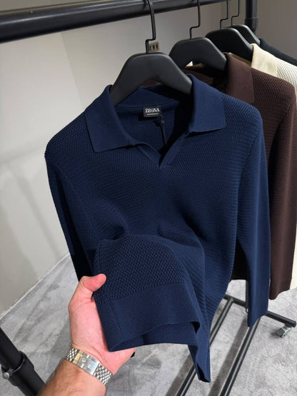 Zegna Waffle-Knit Open-Collar Polo - Navy