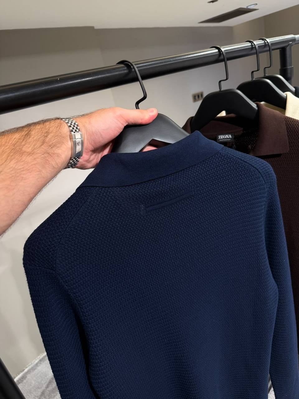 Zegna Waffle-Knit Open-Collar Polo - Navy