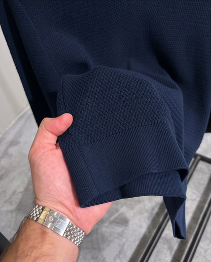 Zegna Waffle-Knit Open-Collar Polo - Navy