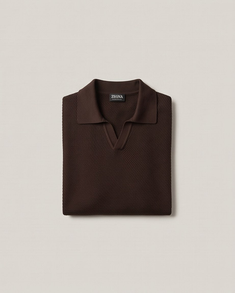 Zegna Waffle-Knit Open-Collar Polo - Brown