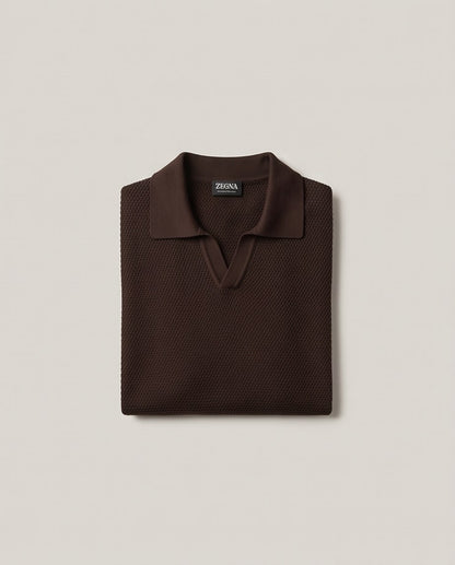 Zegna Waffle-Knit Open-Collar Polo - Brown