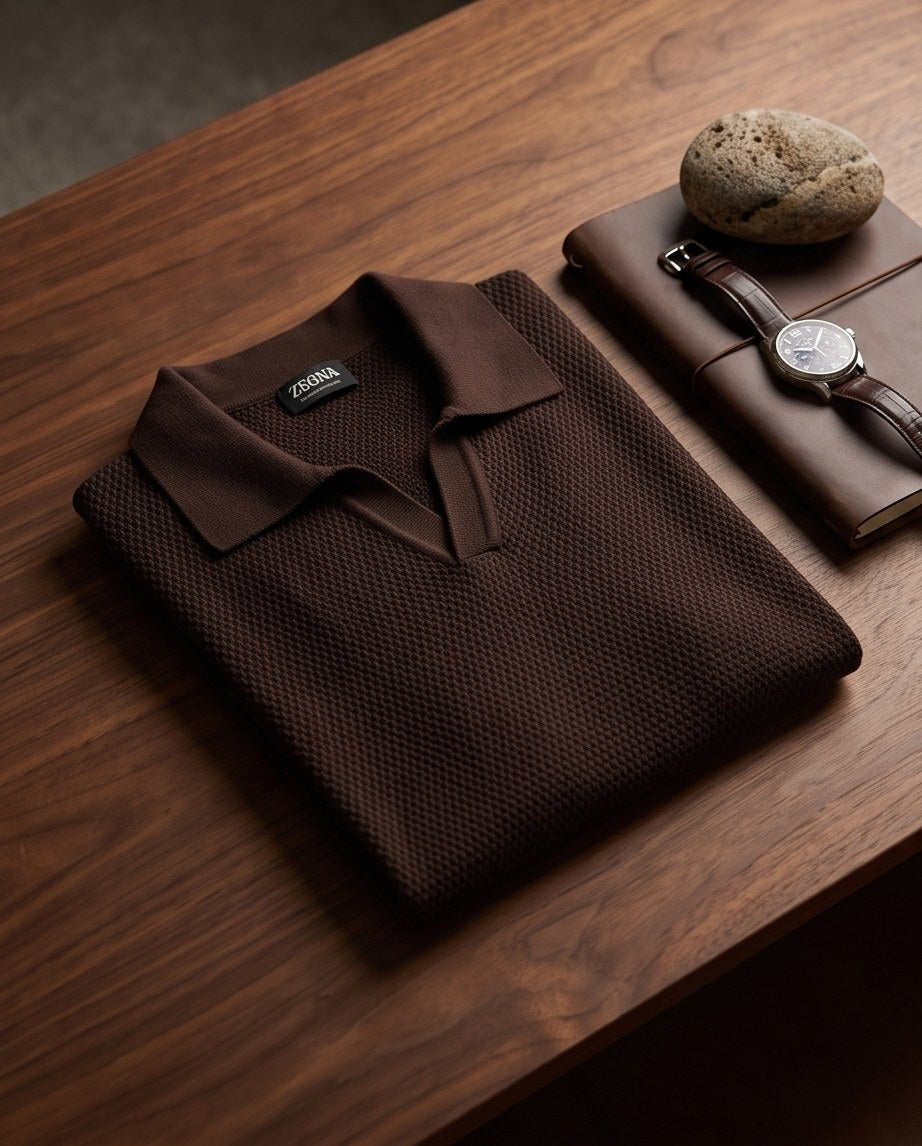 Zegna Waffle-Knit Open-Collar Polo - Brown