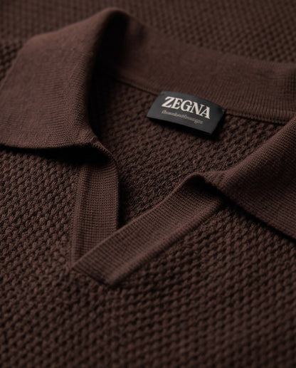 Zegna Waffle-Knit Open-Collar Polo - Brown