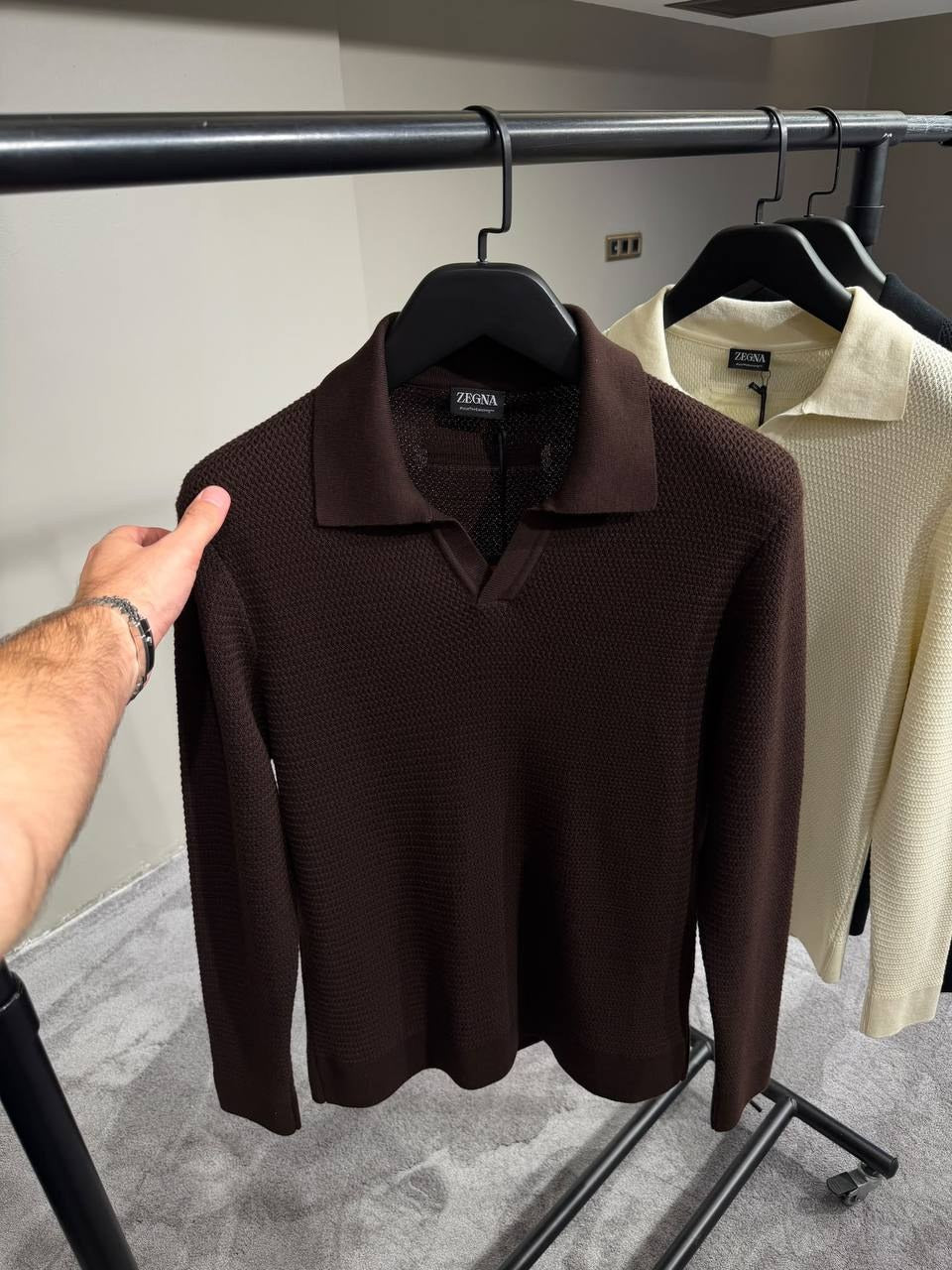 Zegna Waffle-Knit Open-Collar Polo - Brown